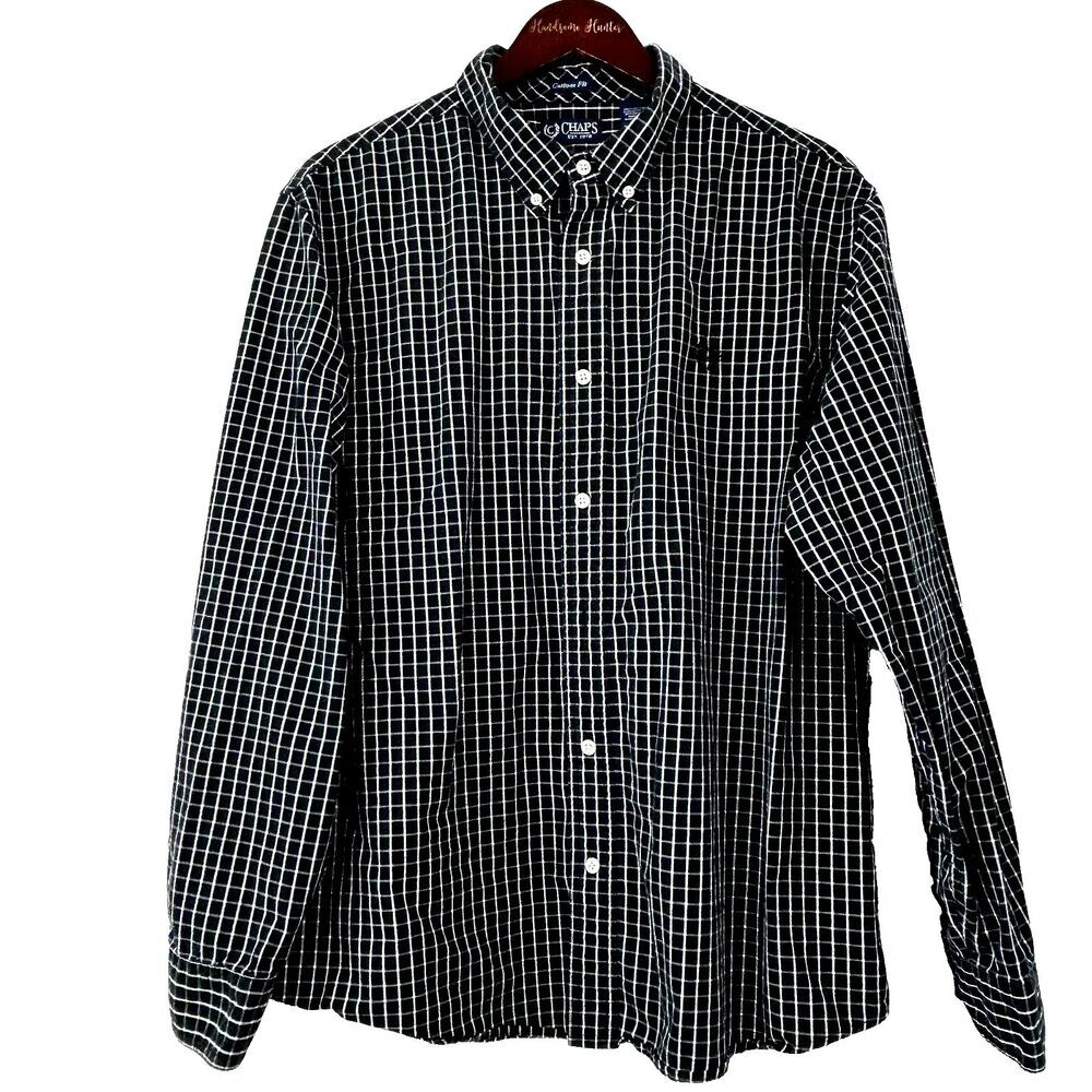 Chaps Custom Fit Long Sleeve Button Up Black White Plaid Shirt Size XL 1427H3